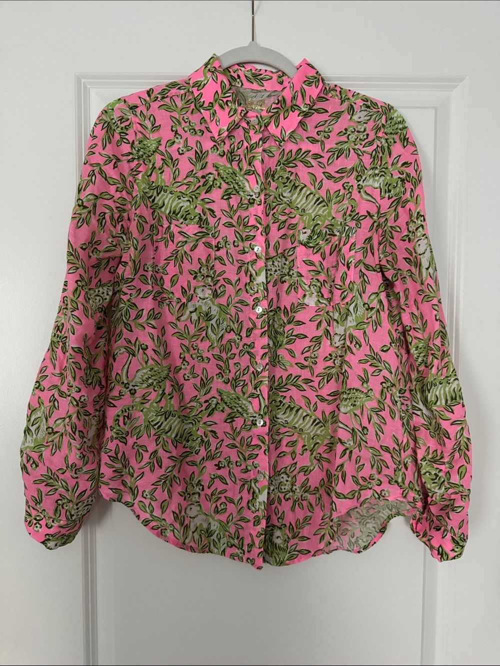 Lilly Pulitzer Pink Tropical Leaf Button-Up Blouse